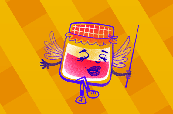 Illustration of a winged jar of jam with a conductor's wand. 